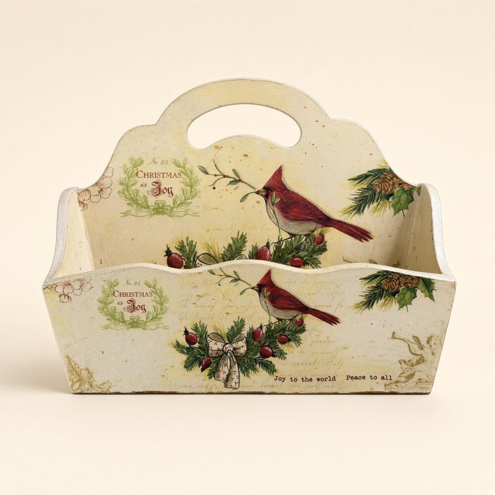 Wooden Cardinal Magazine Caddy Christmas Joy 2 Pocket Handle Tote Holiday Decor